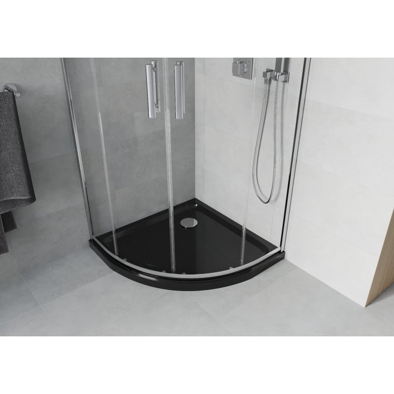 Mexen Rio duschkabine halbrund 90 x 90 cm, transparent, chrom + Duschwanne Flat, schwarz - 863-090-090-01-00-4170