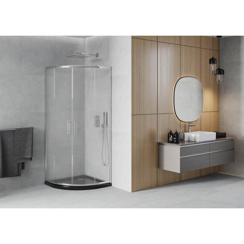 Mexen Rio halbkreisförmige Duschkabine 90 x 90 cm, Mattglas, Chrom + Flat Duschwanne, schwarz - 863-090-090-01-30-4170