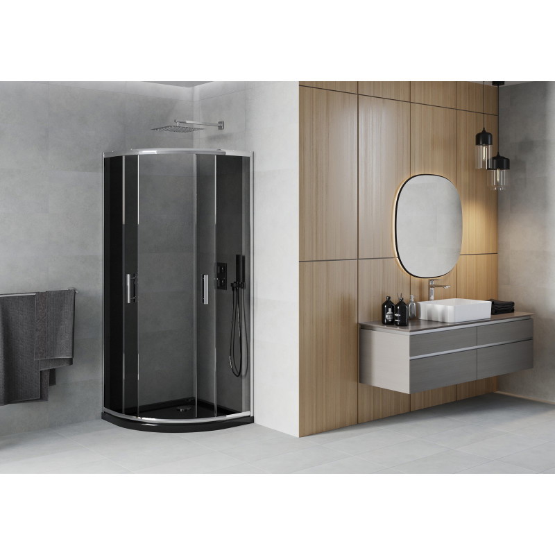 Mexen Rio Halbkreis-Duschkabine 90 x 90 cm, Grafit, Chrom + Flat-Duschwanne, Schwarz - 863-090-090-01-40-4170
