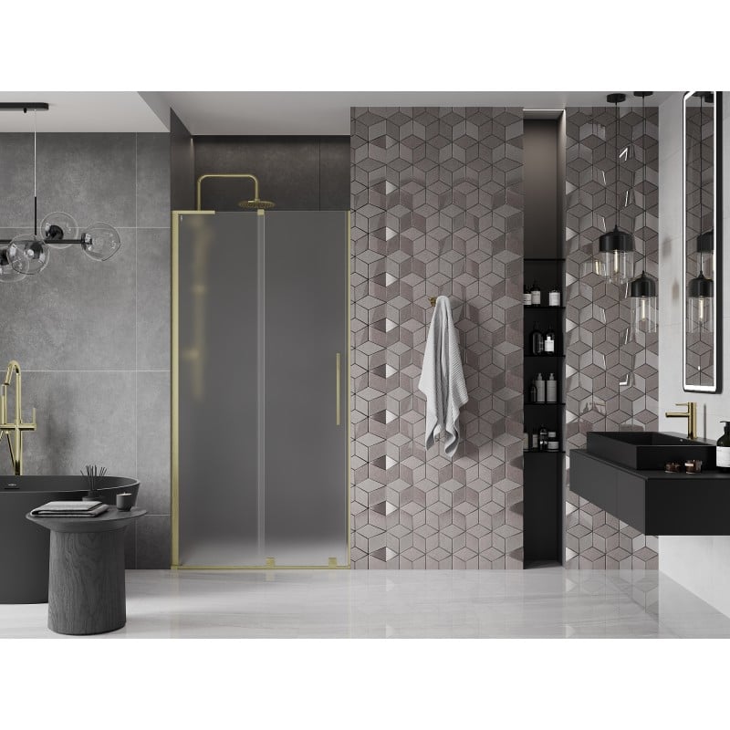 Mexen Velar L Schiebetür-Duschwand 90 cm, satiniert, gebürstetes Gold - 871-090-003-31-55