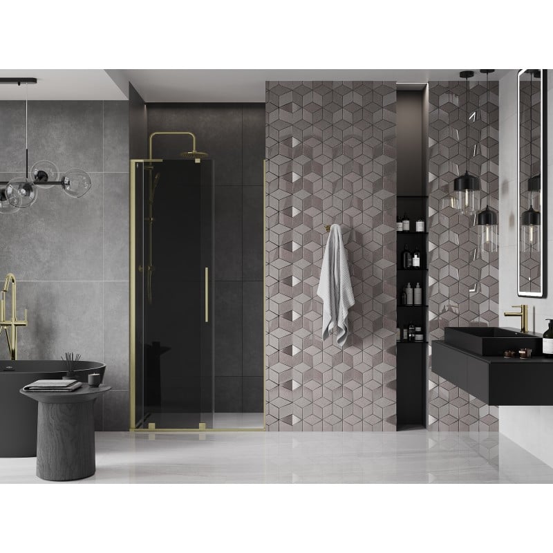 Mexen Velar L Duschabtrennung schiebbar 90 cm, Graphit, gebürstetes Gold - 871-090-003-41-55