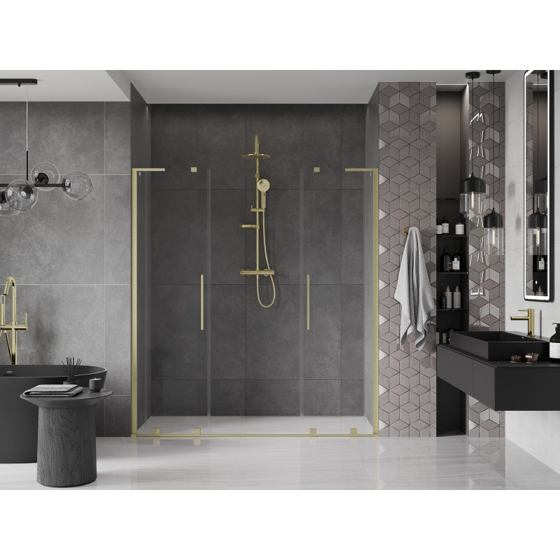 Mexen Velar L Duo Schiebetür-Duschabtrennung 200 cm, transparent, gebürstetes Gold - 871-200-003-02-55