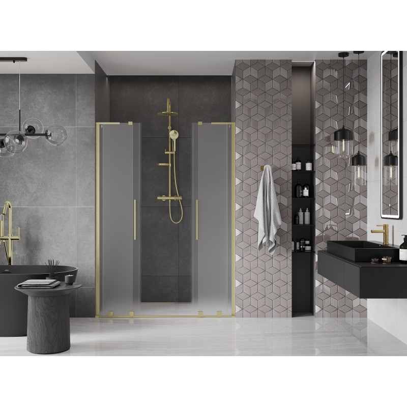 Mexen Velar L Duo Schiebeduschtür 150 cm, Milchglas, gebürstetes Gold - 871-150-003-32-55