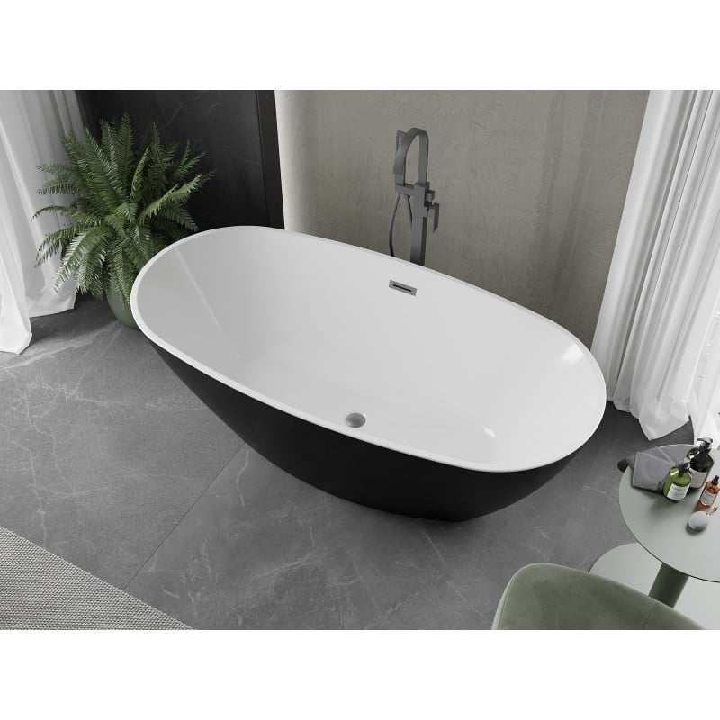 Mexen Eris freistehende Badewanne 180 x 95 cm, weiß/schwarz, Überlauf gun gray gebürstet - 53441809575-66