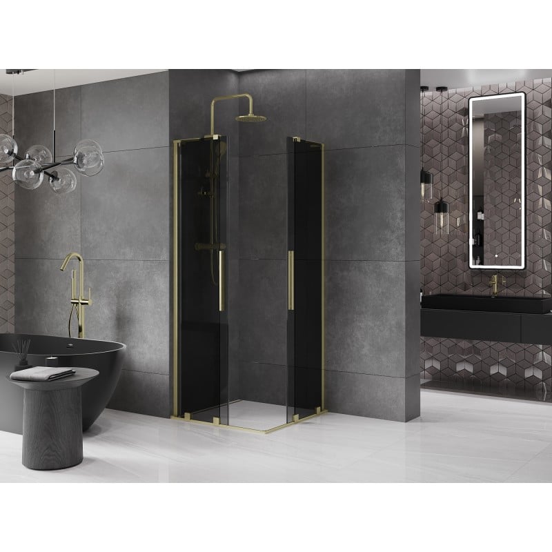 Mexen Velar L Duo Schiebeduschkabine 100 x 100 cm, Graphit, gebürstetes Gold - 871-100-100-02-43-55