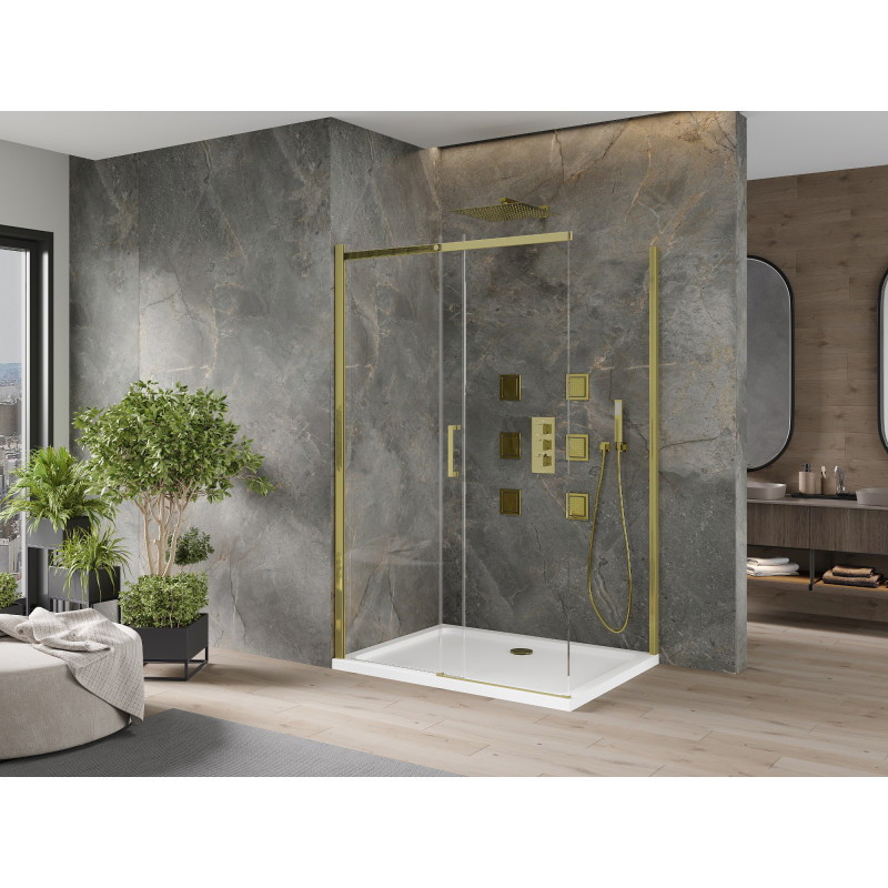 Mexen Omega Schiebeduschkabine 120 x 70 cm, transparent, Gold + Flat Duschwanne - 825-120-070-50-00-4010