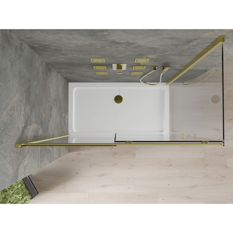 Mexen Omega Schiebeduschkabine 140 x 70 cm, transparent, Gold + Flat Duschwanne - 825-140-070-50-00-4010