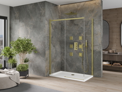 Mexen Omega Schiebeduschkabine 140 x 70 cm, transparent, Gold + Flat Duschwanne - 825-140-070-50-00-4010
