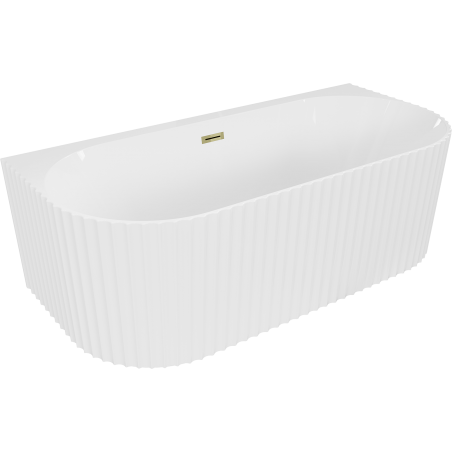 Mexen Sella freistehende wandnahe geriffelte Badewanne 150 x 75 cm, weiß glänzend, Überlauf gold - 52711507500-50