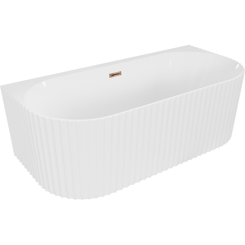 Mexen Sella freistehende Wandwanne gerillt 150 x 75 cm, weiß glänzend, Überlauf Roségold - 52711507500-60