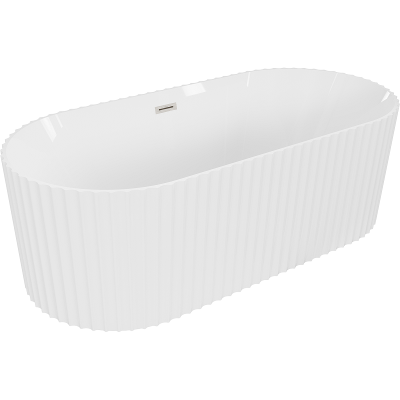 Mexen Paola freistehende, geriffelte Badewanne 150 x 75 cm, weiß glänzend, Überlauf gebürstetes Nickel - 52721507500-97