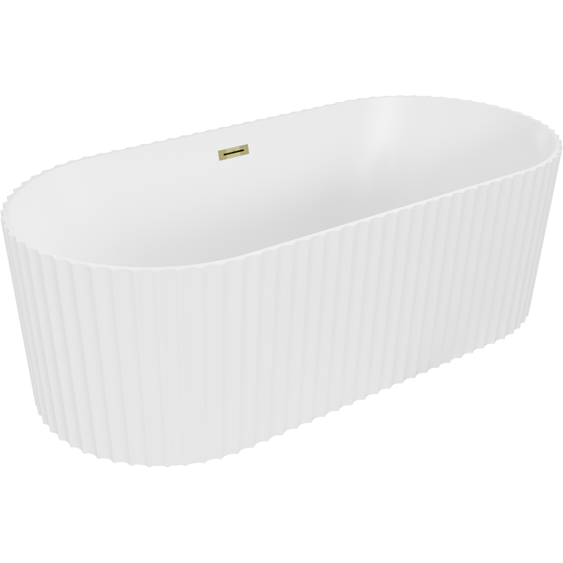 Mexen Paola freistehende, geriffelte Badewanne 150 x 75 cm, weiß matt, Überlauf gold - 52721507501-50