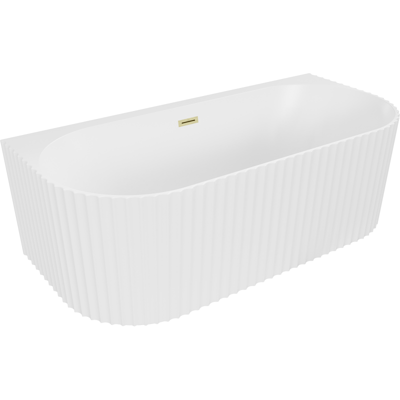 Mexen Sella freistehende wandmontierte geriffelte Badewanne 150 x 75 cm, weiß matt, Überlauf gold gebürstet - 52711507501-55