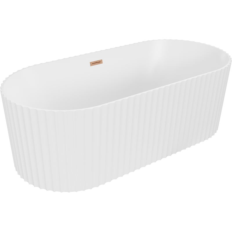 Mexen Paola freistehende geriffelte Badewanne 150 x 75 cm, weiß matt, Überlauf gebürstetes Kupfer - 52721507501-65