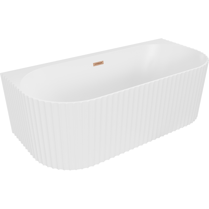 Mexen Sella freistehende Wandbadewanne geriffelt 150 x 75 cm, weiße Matte, Überlauf gebürstetes Kupfer - 52711507501-65