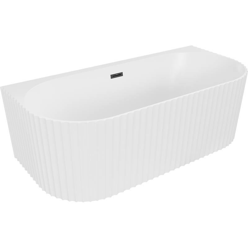 Mexen Sella freistehende, gerillte Badewanne zur Wandmontage 150 x 75 cm, weiß matt, schwarzer Überlauf - 52711507501-70