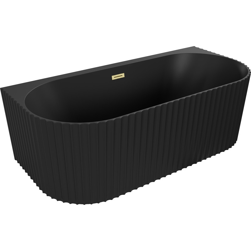 Mexen Sella freistehende wandmontierte gerillte Badewanne 150 x 75 cm, schwarz matt, gold gebürsteter Überlauf
