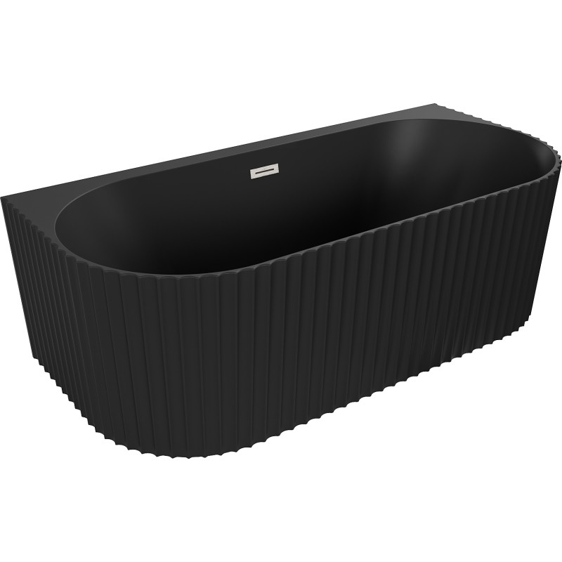 Mexen Sella freistehende wandnahe geriffelte Badewanne 150 x 75 cm, schwarz matt, Überlauf gebürsteter Nickel - 52711507571-97