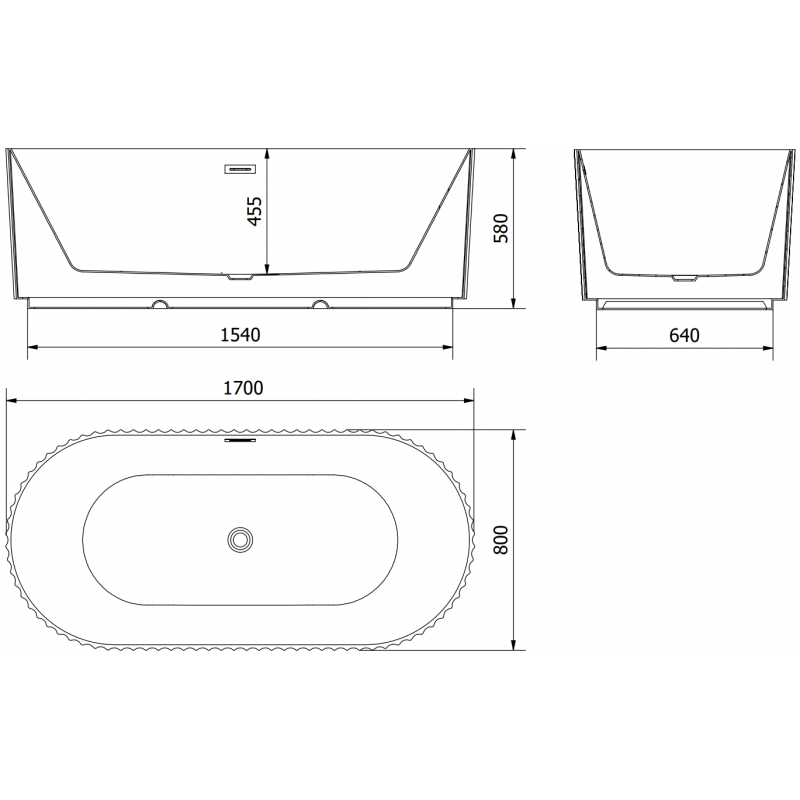 Mexen Paola freistehende geriffelte Badewanne 170 x 80 cm, weiß matt, schwarzer Überlauf - 52721708001-70