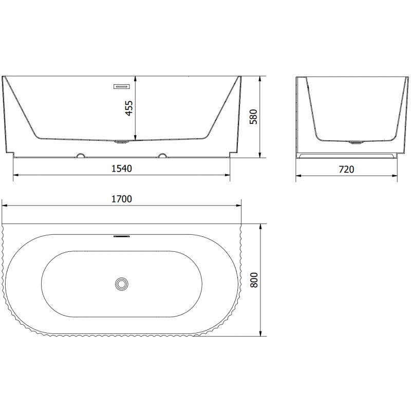 Mexen Sella freistehende geriffelte Badewanne zur Wandmontage 170 x 80 cm, weiß matt, Überlauf schwarz - 52711708001-70