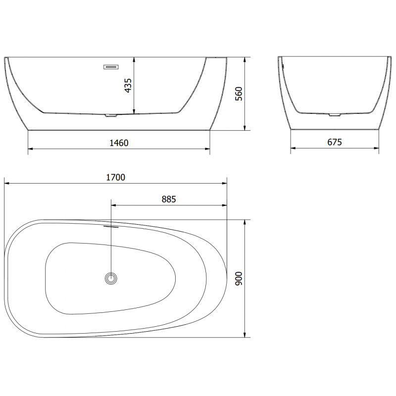 Mexen Giada freistehende Badewanne 170 x 90 cm, weiß glänzend, Überlauf gebürstetes Kupfer - 52741709000-65