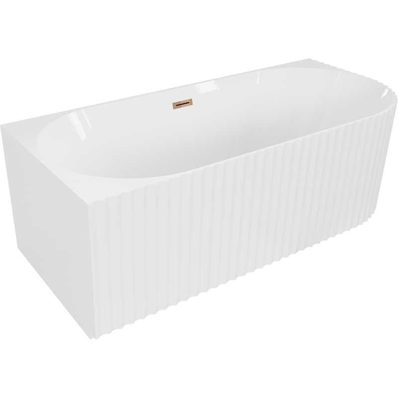 Mexen Gia freistehende Eckbadewanne, geriffelt, links 150 x 75 cm, weiß glänzend, Überlauf Roségold - 52701507500L-60