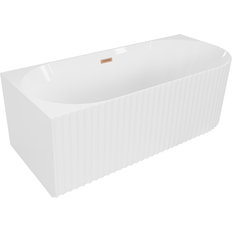 Mexen Gia freistehende Eckbadewanne geriffelt links 150 x 75 cm, weiß glänzend, Überlauf gebürstetes Kupfer - 52701507500L-65