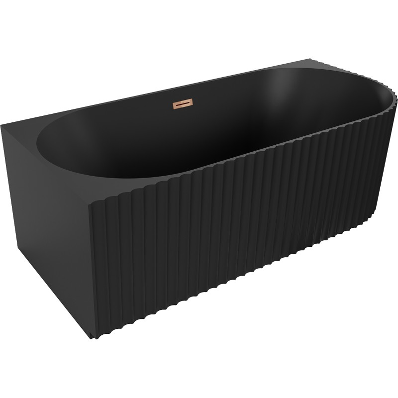 Mexen Gia freistehende Eckbadewanne links geriffelt 150 x 75 cm, schwarz matt, Überlauf roségold - 52701507571L-60