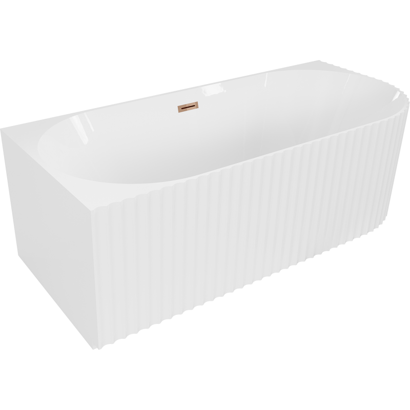 Mexen Gia freistehende, geriffelte linke Eckbadewanne 170 x 80 cm, weiß glänzend, Überlauf Roségold - 52701708000L-60
