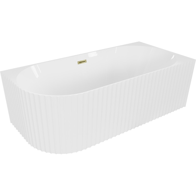 Mexen Gia freieckige, geriffelte rechte freistehende Badewanne 150 x 75 cm, weiß glänzend, goldener Überlauf