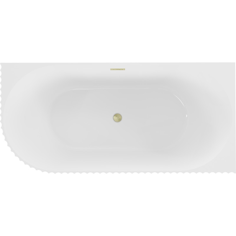 Mexen Gia freistehende Eckbadewanne, rechts geriffelt, 150 x 75 cm, weiß glänzend, Überlauf in gebürstetem Gold
