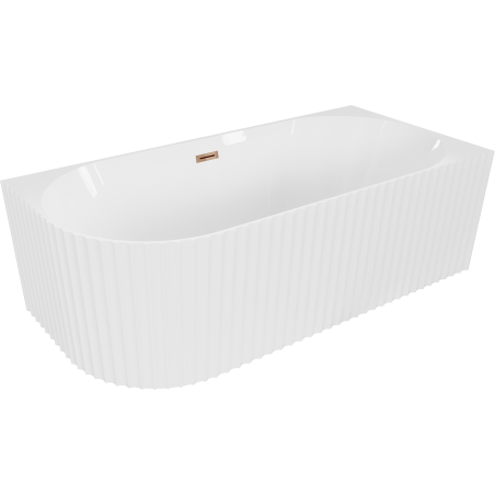 Mexen Gia freistehende Eckbadewanne gerieft rechts 150 x 75 cm, weiße Glanz, Überlauf Roségold - 52701507500P-60