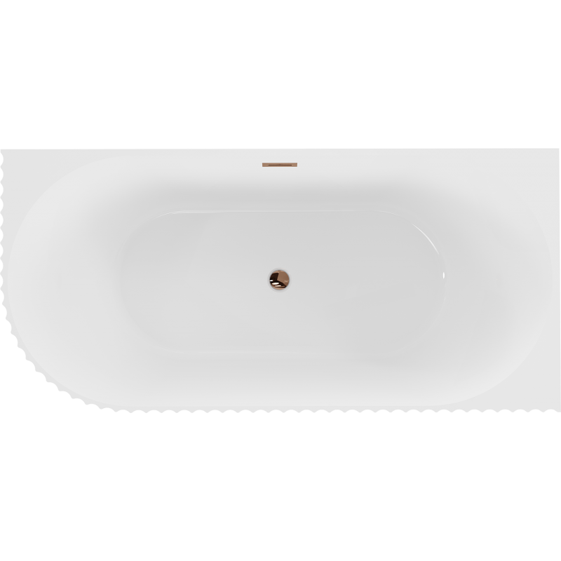 Mexen Gia freistehende Eckbadewanne gerieft rechts 150 x 75 cm, weiße Glanz, Überlauf Roségold - 52701507500P-60