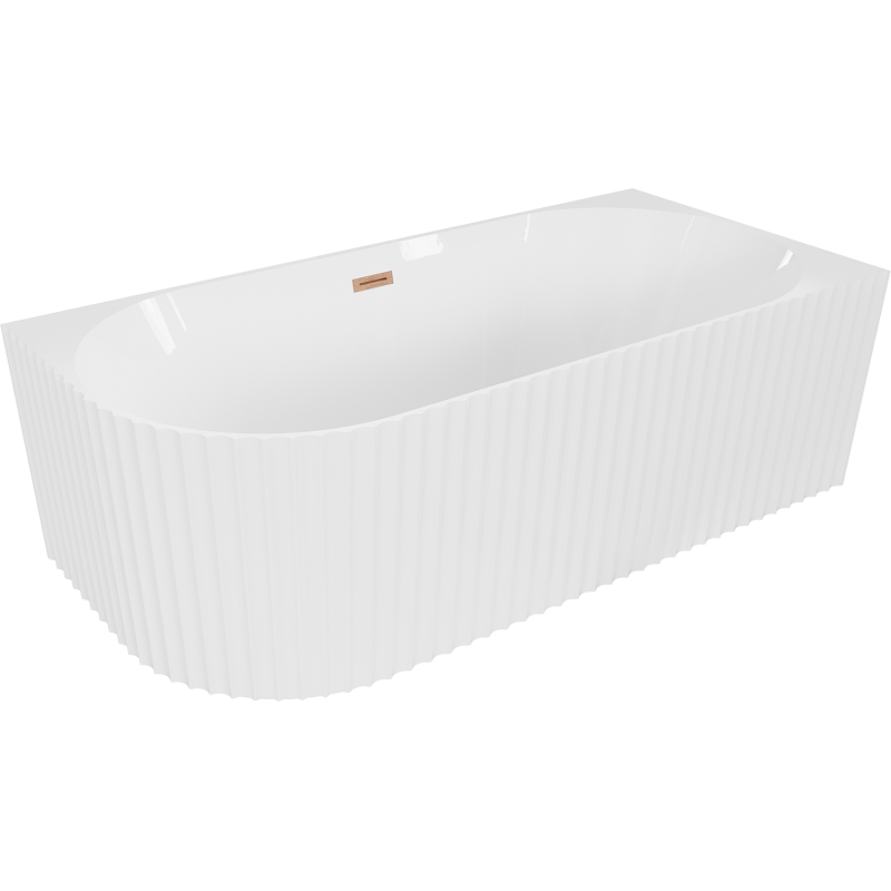 Mexen Gia freistehende, gerillte Eckbadewanne rechts 150 x 75 cm, weiß glänzend, Überlauf gebürstetes Kupfer - 52701507500P-65