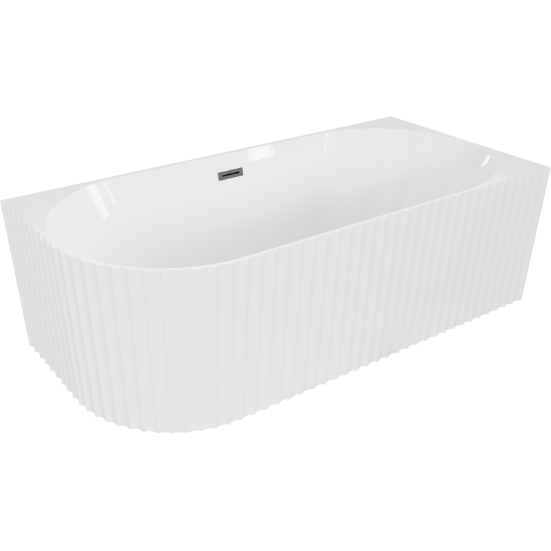 Mexen Gia freistehende Eckbadewanne gerillt rechts 150 x 75 cm, weiß glänzend, Überlauf Gun Metal - 52701507500P-95