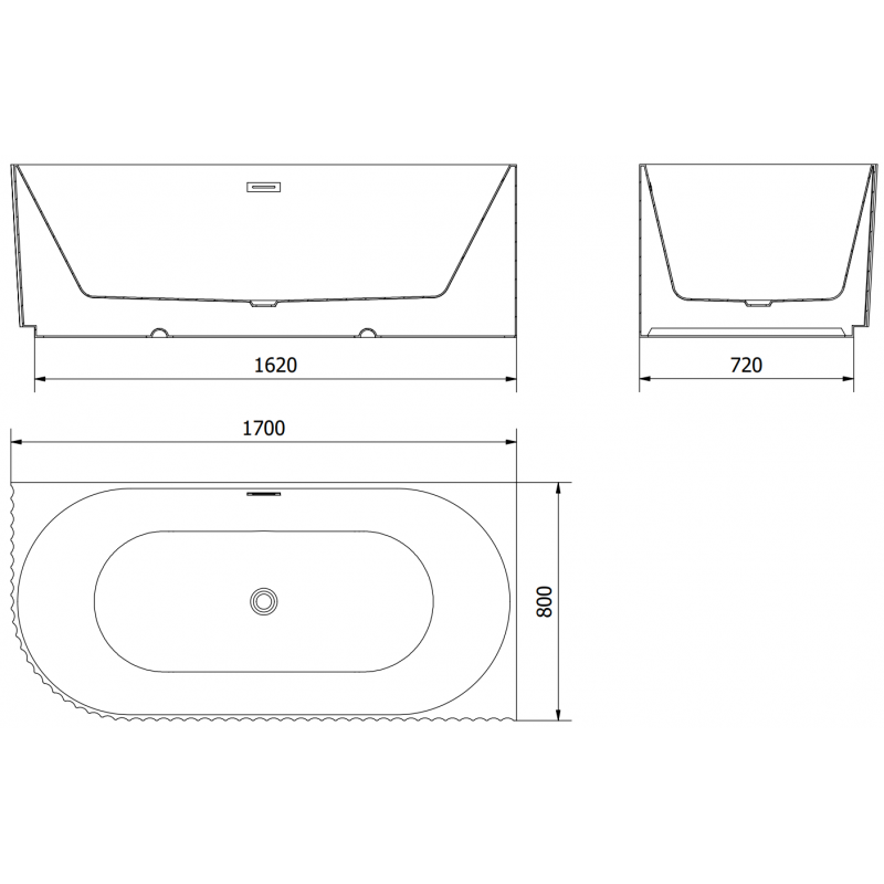 Mexen Gia Freistehende Eckbadewanne geriffelt rechts 170 x 80 cm, schwarz matt, Überlauf gebürstetes Kupfer - 52701708071P-65