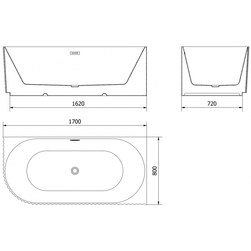 Mexen Gia freistehende Eckbadewanne gerillt rechts 170 x 80 cm, schwarz matt, Überlauf schwarz - 52701708071P-70