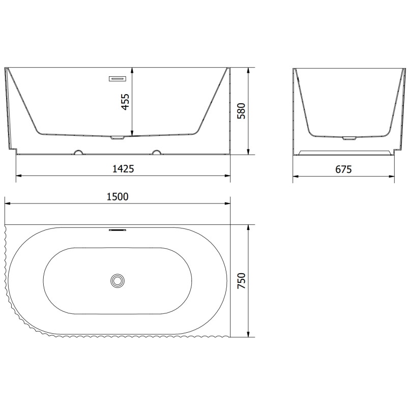Mexen Gia Eckfreistehende gerillte Badewanne rechts 150 x 75 cm, weiß matt, Überlauf gold gebürstet - 52701507501P-55