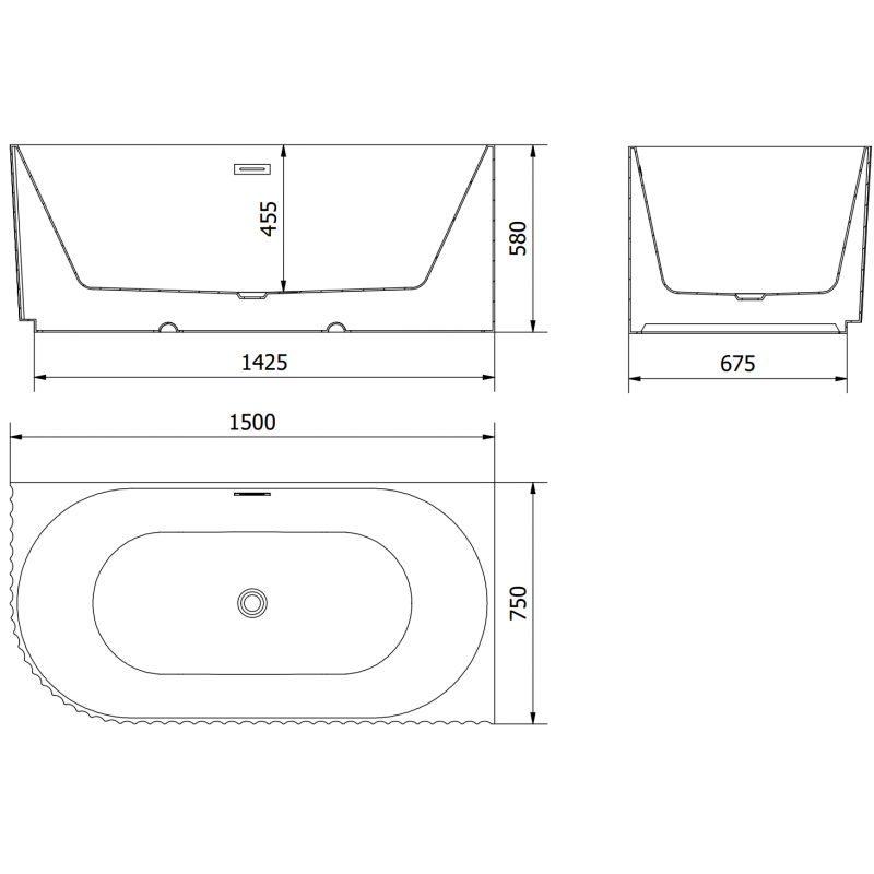 Mexen Gia freistehende Eckbadewanne geriffelt rechts 150 x 75 cm, weiß matt, Überlauf schwarz - 52701507501P-70