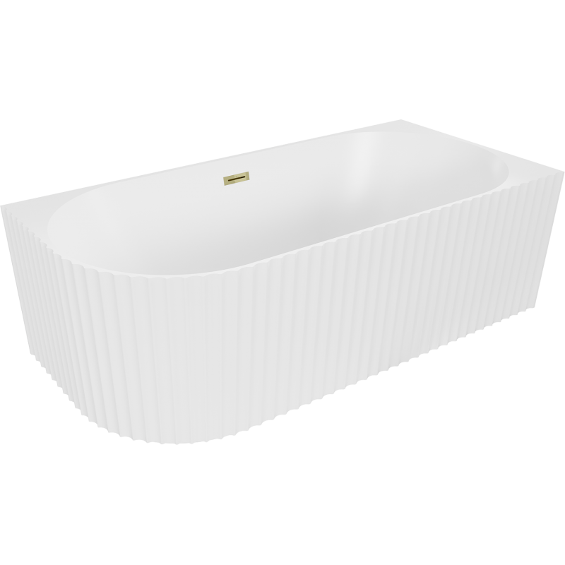Mexen Gia freistehende Eckbadewanne geriffelt rechts 150 x 75 cm, weiß matt, Überlauf gold - 52701507501P-50