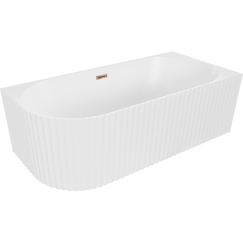 Mexen Gia freistehende Eckbadewanne geriffelt rechts 150 x 75 cm, weiß matt, Überlauf roségold - 52701507501P-60