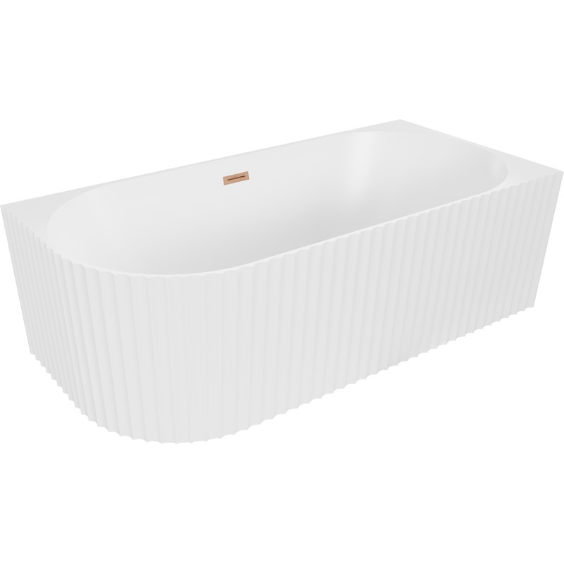Mexen Gia freistehende Eckbadewanne rechts geriffelt 150 x 75 cm, weiß matt, Überlauf gebürstetes Kupfer - 52701507501P-65