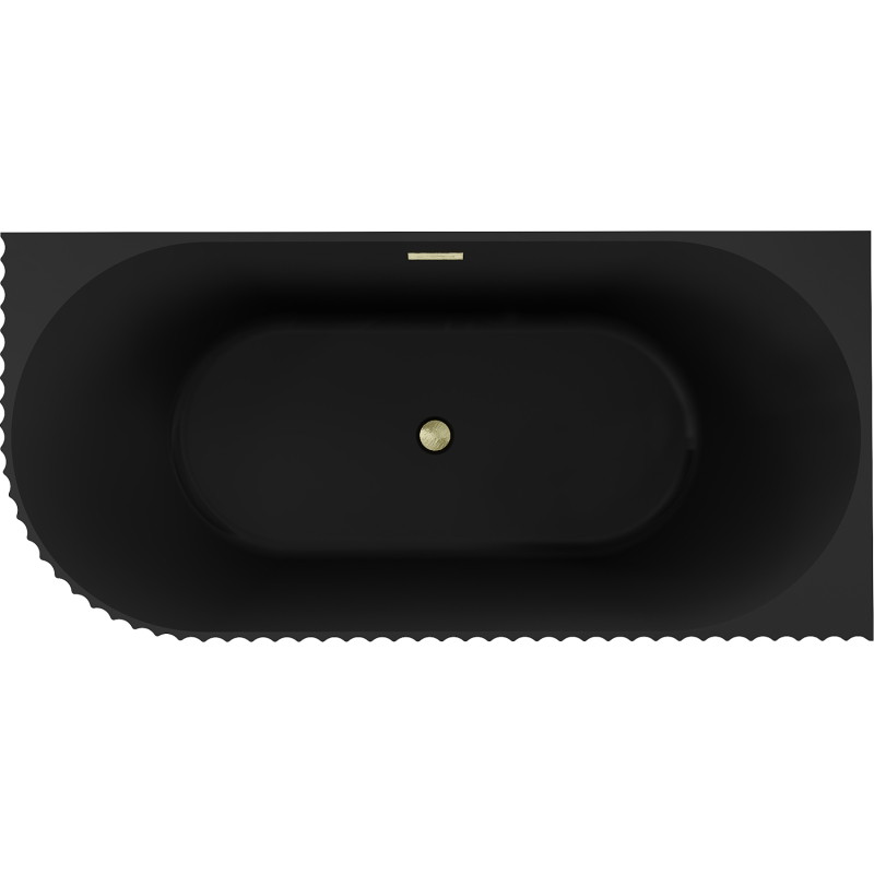Mexen Gia freistehende Eckbadewanne, geriffelt, rechts 150 x 75 cm, schwarz matt, Überlauf in gebürstetem Gold