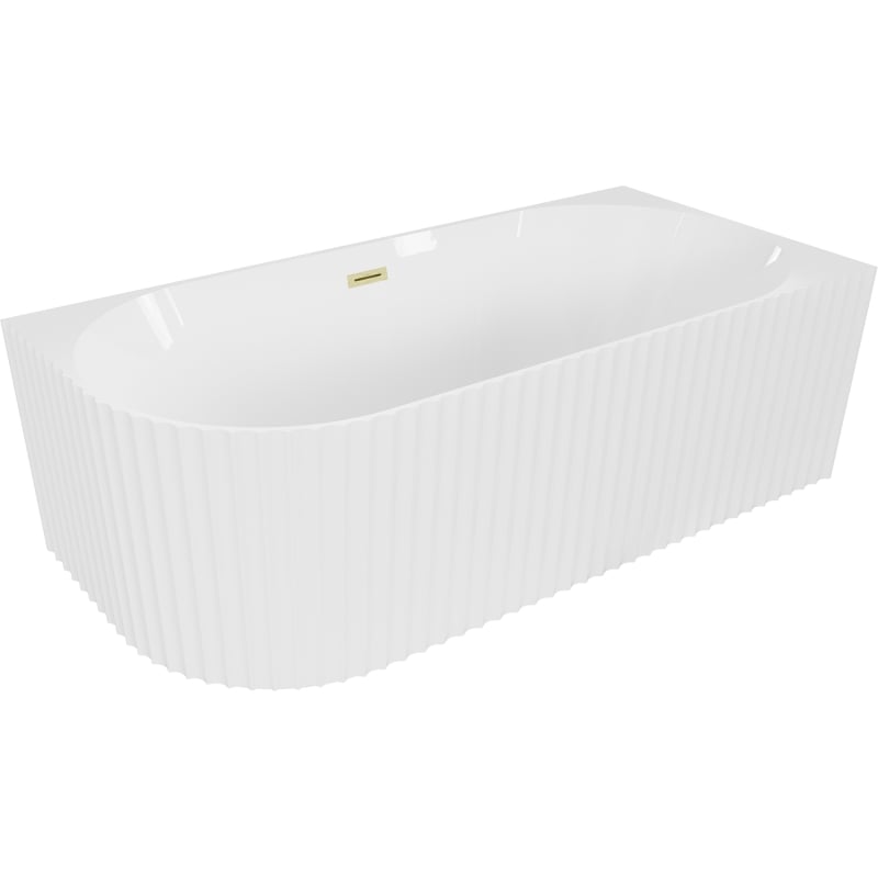 Mexen Gia freistehende Eckbadewanne mit Riffelung rechts 170 x 80 cm, weiß glänzend, Überlauf gebürstet gold