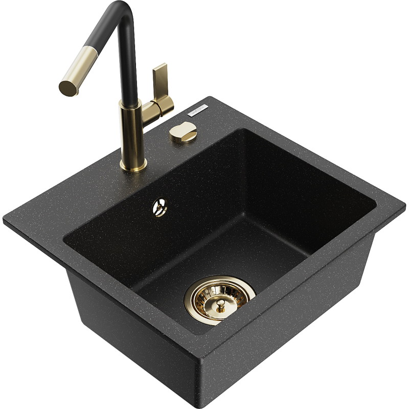 Mexen Milo Granitspüle 1-Becken mit Küchenarmatur Flora, schwarz/silber metallic - 6505-73-670401-57-G