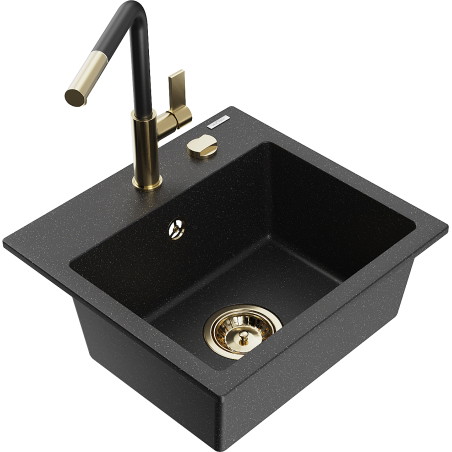 Mexen Milo Granitspüle 1-Becken mit Küchenarmatur Flora, schwarz/silber metallic - 6505-73-670401-57-G