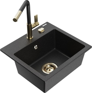 Mexen Milo Granitspüle 1-Becken mit Küchenarmatur Flora, schwarz/silber metallic - 6505-73-670401-57-G