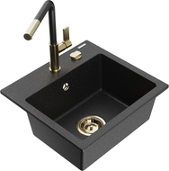 Mexen Milo Granitspüle einteilig mit Küchenarmatur Flora, schwarz/silber metallic - 6505-73-670401-57-G