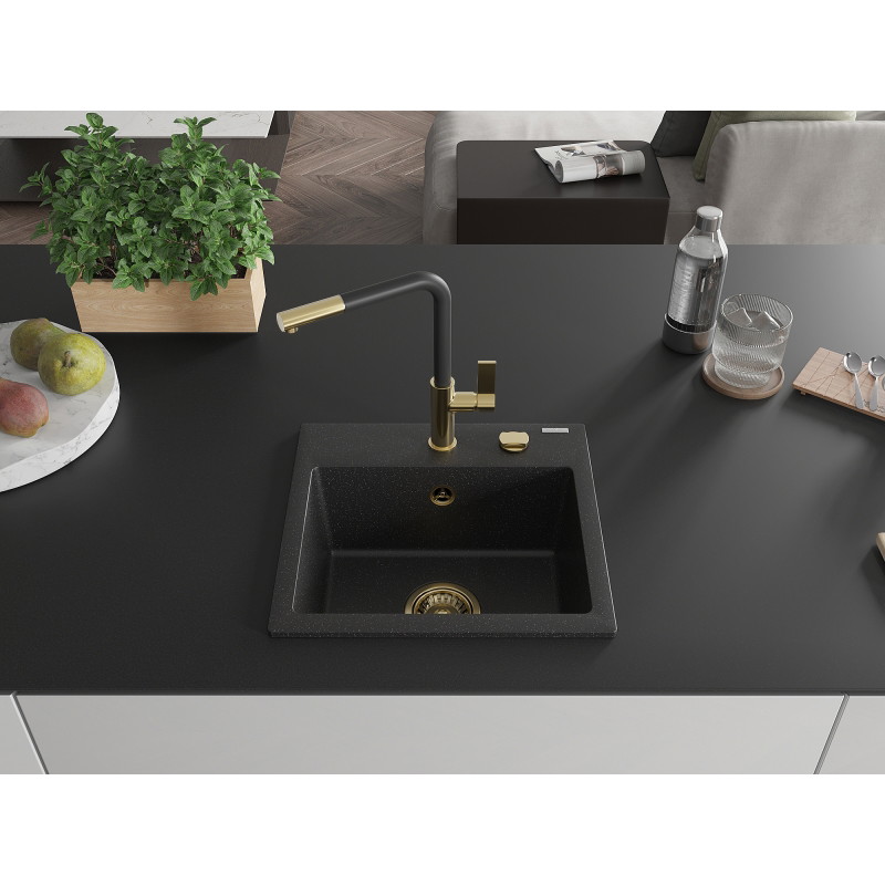 Mexen Milo Granitspüle 1-Becken mit Küchenarmatur Flora, schwarz/silber metallic - 6505-73-670401-57-G