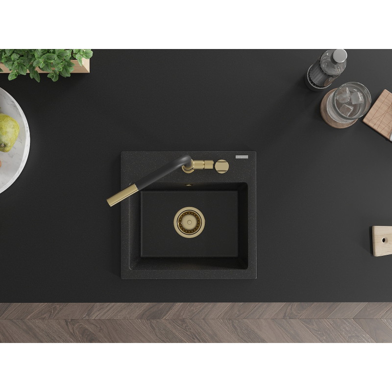 Mexen Milo Granitspüle 1-Becken mit Küchenarmatur Flora, schwarz/silber metallic - 6505-73-670401-57-G
